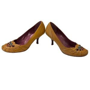 Bronx Mustard Yellow Leather Beaded Kitten Heel Pumps 10M Made in Brazil